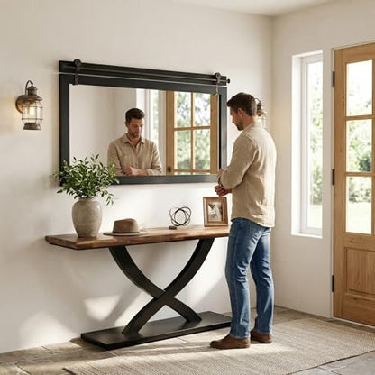 27"x49" Black Wood Grain Barn Door Wall Mirror with Wood Header