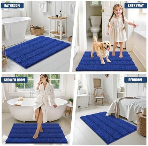 Grandaily Chenille Striped Bathroom Rugs 24x16, Extra Thick and Absorbent Bath Mats, Non-Slip Soft Plush Shaggy Shower Carpet, Machine Wash Dry, Bath Rug for Bathroom, (Small, Cobalt Blue)