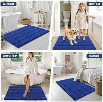 Grandaily Chenille Striped Bathroom Rugs 24x16, Extra Thick and Absorbent Bath Mats, Non-Slip Soft Plush Shaggy Shower Carpet, Machine Wash Dry, Bath Rug for Bathroom, (Small, Cobalt Blue)