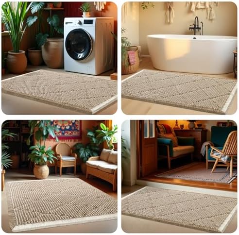 Waffle Bath Mat, Boho Woven Modern Bath Rug Absorbent Non Slip, Ultra Soft Bathroom Mats, Machine Washable Knit Bath Rugs with Rhombus for Bathroom, Bedroom, Kitchen, Shower, 36"x24", Beige & White