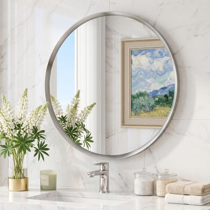 30 inch Brushed Nickel Round Bathroom Mirror,Sliver Circle Mirror