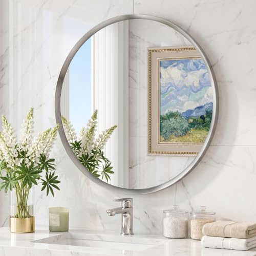 26 inch Brushed Nickel Round Bathroom Mirror,Sliver Circle Mirror