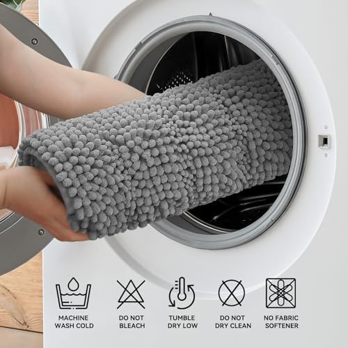Bcoimo Bath Rug Mat,70x24 Chenille Non Slip Gray Long Bathroom Runner Rugs