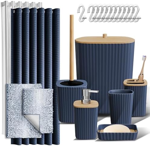Clara Clark Bathroom Accessories Set - Bathroom Set, Bathroom Sets with Shower Curtain and Rugs, Shower Curtain Set with Bathroom Trash Can - Ombre Navy - 22PC
