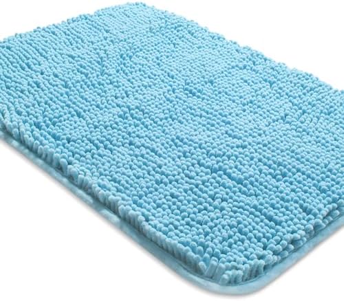 Yeaban Chenille Sky Blue Bathroom Rug 24"x36", Non-Slip Rubber Backing