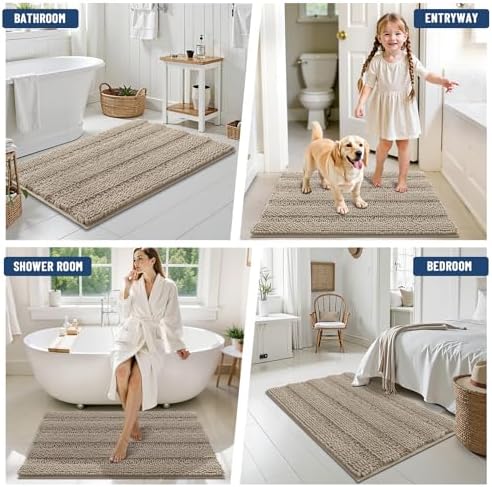 Grandaily Chenille Striped Bathroom Rugs 44x24, Extra Thick and Soft Absorbent Bath Mats, Rubber Backing, Plush Shaggy Shower Carpet, Machine Wash Dry, Bath Rug for Bathroom, Warm Taupe