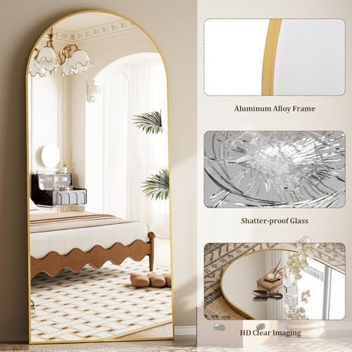 Dewfig Arched Full Length Mirror, 77"x38" Large Floor Mirror, Gold