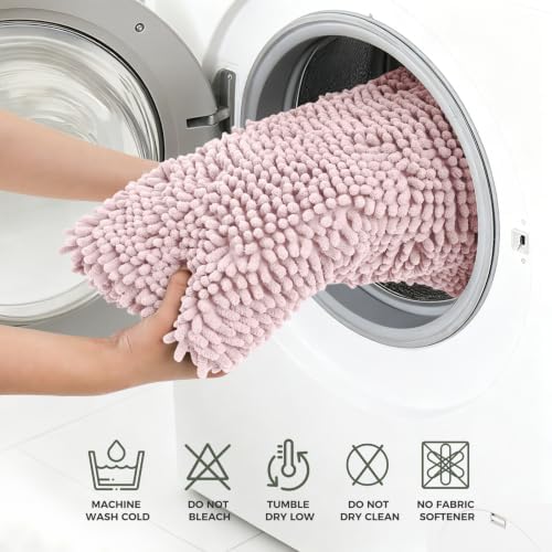 Bcoimo Bath Rug Mat,48x30 Chenille Non Slip Pink Long Bathroom Runner Rugs