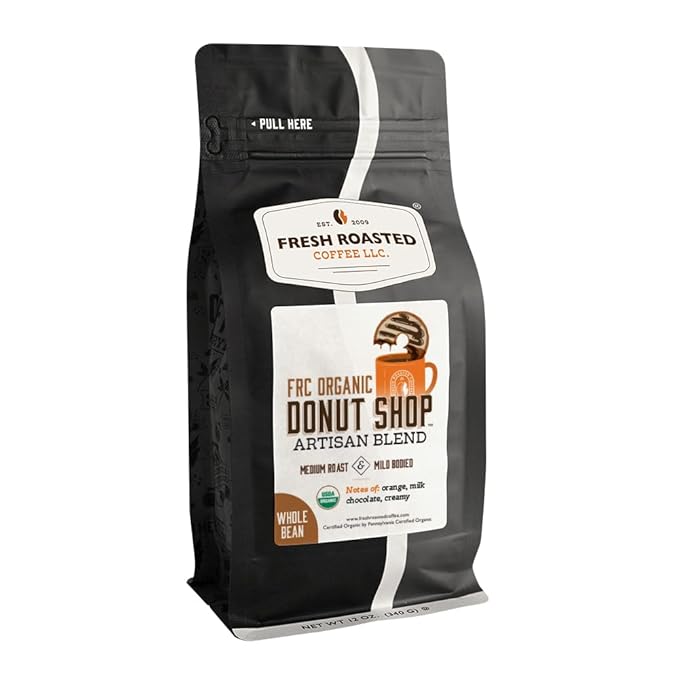 Fresh Roasted Coffee, Organic Donut Shop Whole Bean Coffee, Medium Roast, USDA Organic, Kosher, 12 oz