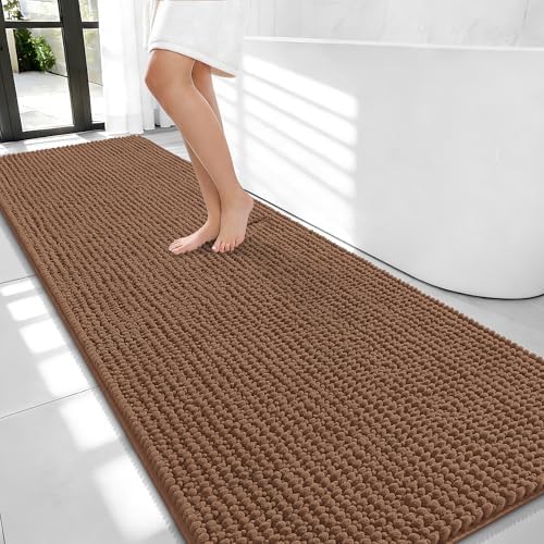 OLANLY Thick Chenille Bathroom Runner Rugs 70x24, Absorbent Bath Mat, Mocha