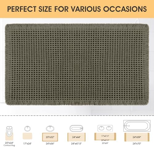 IM HOME Waffle Bath Mat Olive Green 32"x20", Boho Woven Modern Bath Mat Rugs, Absorbent Non Slip Bathroom Rugs, Soft Washable Bath Rugs with Tassels for Bathroom, Bedroom, Kitchen, Shower, Tub