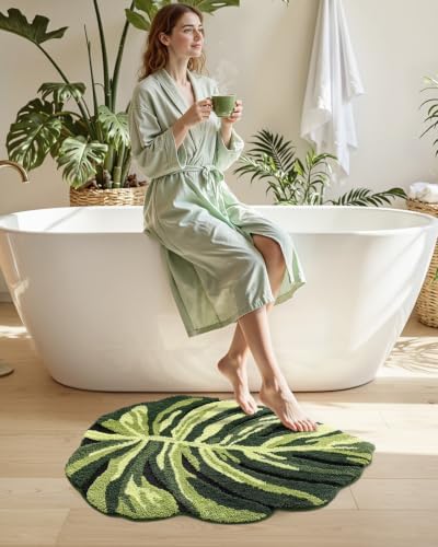 DEXI Cute Bath Mat, Green Leaf Monstera Bathroom Rugs 47x31.5