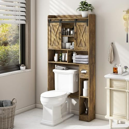 Vabches Over The Toilet Storage Cabinet with Sliding Doors, Rustic Brown