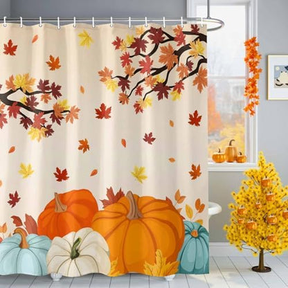 Shower Curtain Bathroom Set Fall Thanksgiving Pumpkin Maple Leaf Waterproof Shower Curtains with Grommets Hooks Orange Gradient Privacy Bath Curtain for Bathtub Decor 72x78in
