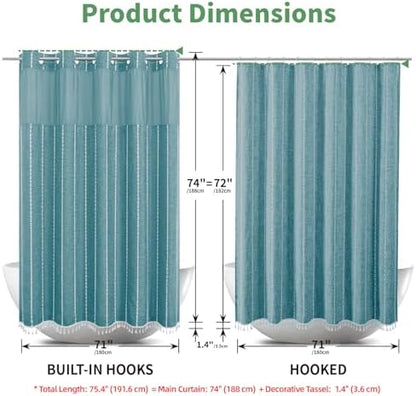 eachope Boho Farmhouse No Hook Shower Curtain with snap Liner,71x74,Teal
