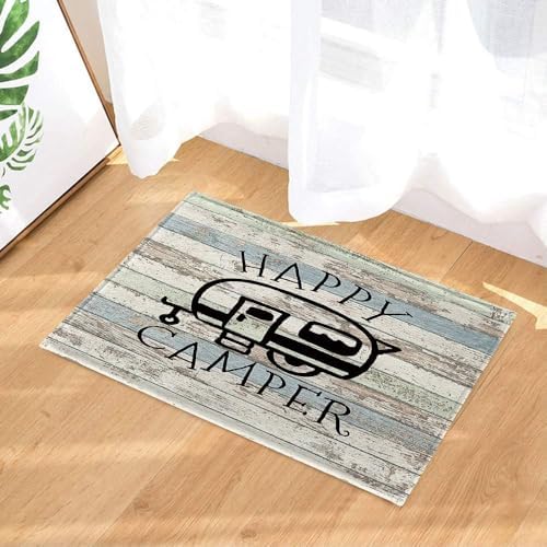 JAWO Happy Campers Shower Curtain Retro Rustic Wood Neutral Color for Travel Trailer Camping Theme Motor RV Bathroom Stall Shower Curtain Set, Waterproof Fabric Shower Cutain, Hooks Include 36X72