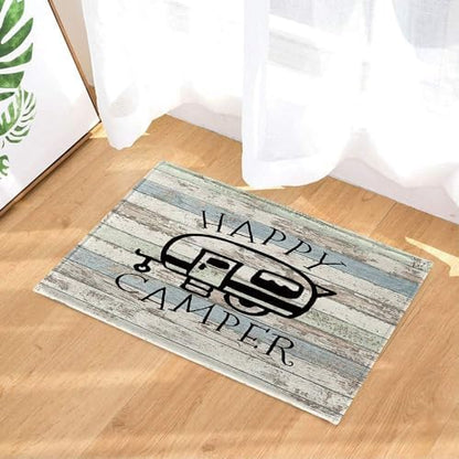 Happy Campers Shower Curtain Retro Rustic Wood Neutral Color For Travel Trailer Camping Motor RV Bathroom Stall Shower Curtain Set, Small Size Waterproof Fabric Shower Cutain, Hooks Include 54x68