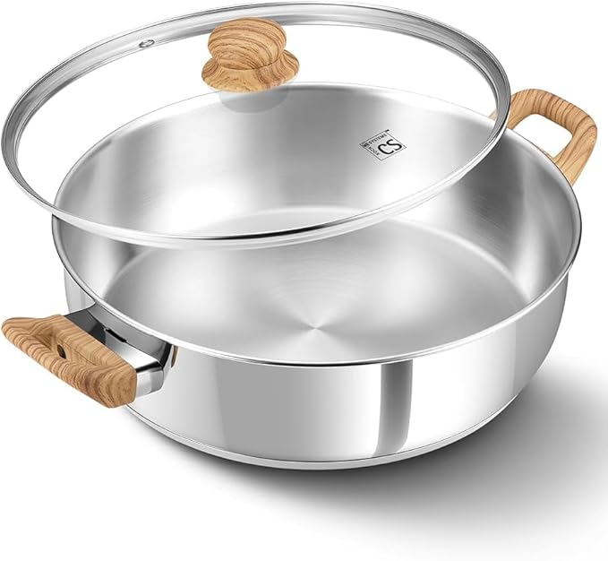 KOCH SYSTEME CS 12 Inch Stainless Steel Saute Pan with Lid, 5.5 Quart Deep Frying Pan with Double Handles, 18/10 Stainless Steel Pan with Cool-Touch Bakelite Handle, Deep Frying Pan, Induction Ready