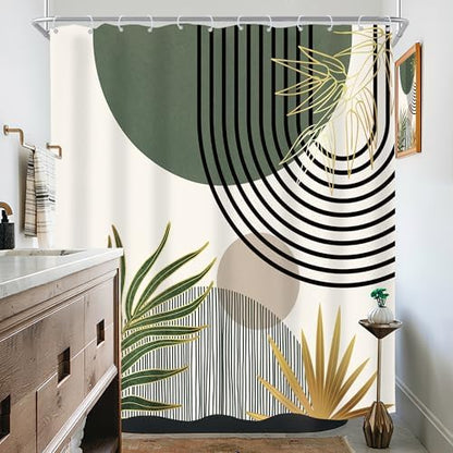 Mid Century Dark Green Boho Abstract Modern Bathroom Shower Curtain Set