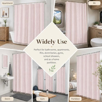 OVZME Pink Shower Curtain for Bathroom, Puff Printed Textured Shower Curtain with Tassels, Rustic Geometry Heavy Duty Vintage Country Bathroom Curtain, Water Resistant Fabric, 72Wx72L Inches