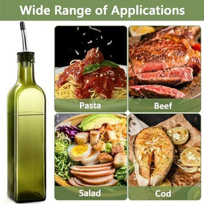 Leaflai Olive Oil Dispenser Bottle, 1 Pcs Green Glass Olive Oil Dispenser and Vinegar Dispenser Set with 2 Stainless Steel Pourers, 2Labels,1 Brush and 1 Funnel Oil Bottles for Kitchen, 17 oz(500ml)