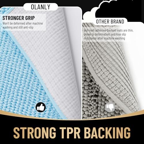 OLANLY Thick Chenille Small Bathroom Rugs Mats 24x16, Sky Blue