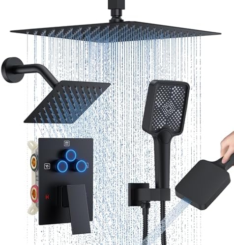 Shower Faucet Set, 12" Ceiling Mount Rainfall Shower System with 12'' Top Head+6'' Side Head and Multi-function Handheld Head Push Button Diverter Shower Faucet Trim Kit (12", Matte Black)
