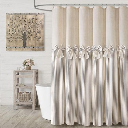 Farmhouse Shower Curtain Linen Bow Pleated Brown Stripe 72"W x 72"L