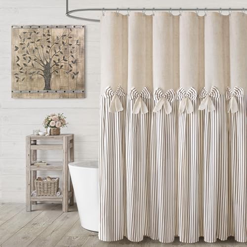 Farmhouse Shower Curtain Linen Bow Pleated Brown Stripe 72"W x 84"L