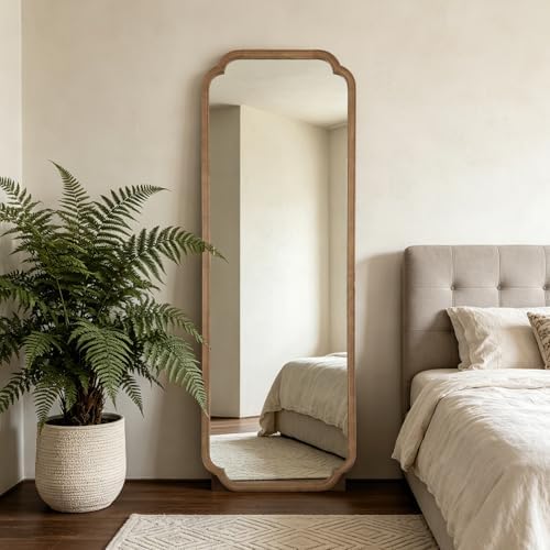 WallBeyond Farmhouse Full Length Mirror with Stand 22x65 Inch, Wooden Frame Floor Mirror,for Bedroom, Entryway, Living Room(Natural)