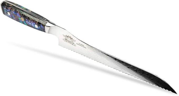 Damascus Bread Knife - 10" / 25.5 cm AUS-10 Steel, Clear Resin Handle - Leather Sheath Included