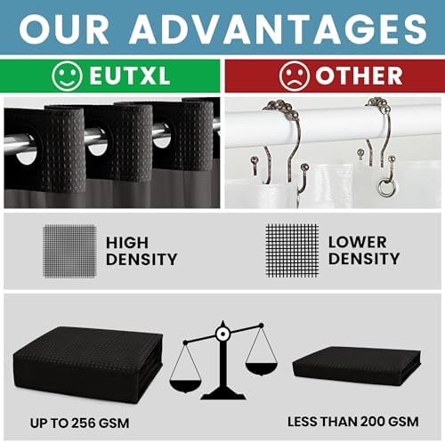 EUTXL Heavyweight No Hook Shower Curtain with Liner, Black, 54x80