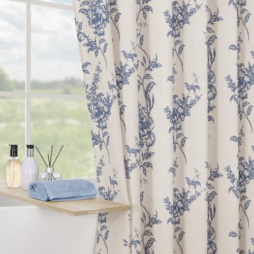 Blue Linen Farmhouse Shower Curtain, Boho Floral Bathroom 72x72