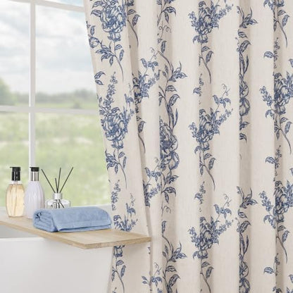 Blue Linen Farmhouse Shower Curtain, Boho Floral Bathroom 72x72