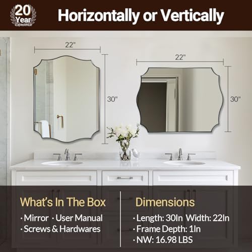 ANDY STAR 22"x30" Chrome Bathroom Mirror, Scalloped Wall Mirror