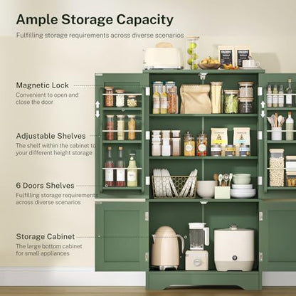 43”H Pantry Cabinet with 4 Doors, Kitchen Cabinet with 6 Door Shelves