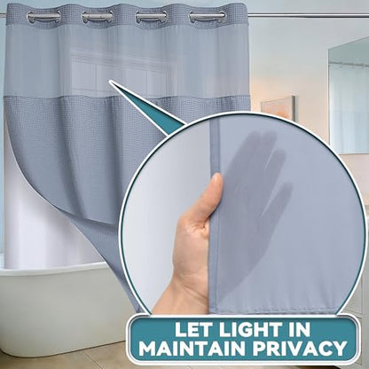 Conbo Mio Extra Long No Hook Waffle Weave Shower Curtain with Snap in Liner Set, Hotel Luxury Grey Shower Curtains for Bathroom with See Through Top Window, Waterproof, Washable 71W x 84H