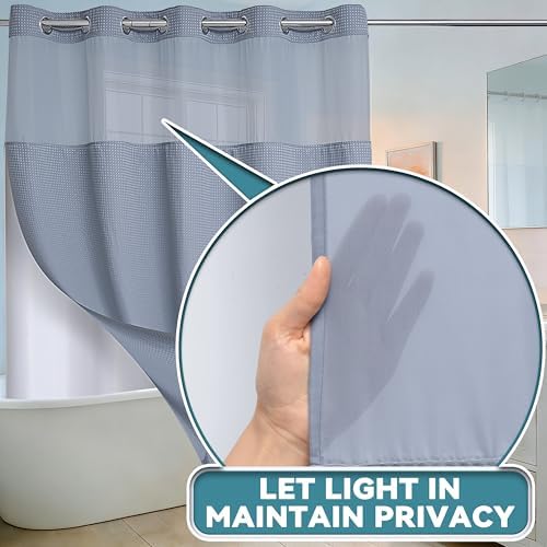 Conbo Mio No Hook Waffle Weave Shower Curtain with Snap in Liner Set, Hotel Luxury Grey Shower Curtains for Bathroom with See Through Top Window, Waterproof, Washable 71W x 74H
