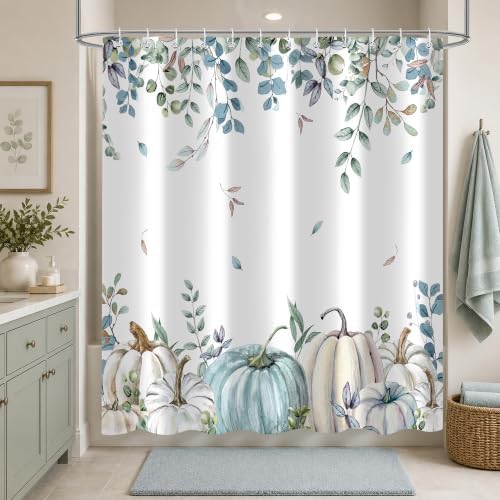 Blue Pumpkin Shower Curtain, 72 x 84 Inch Watercolor White Pumpkin Eucalyptus Bathroom Curtain, Fall Farmhouse Bath Curtain for Tub Shower Decor, Multiple Sizes