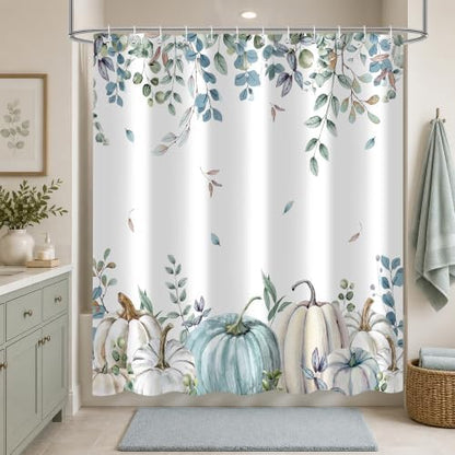 Blue Pumpkin Shower Curtain, 72 x 84 Inch Watercolor White Pumpkin Eucalyptus Bathroom Curtain, Fall Farmhouse Bath Curtain for Tub Shower Decor, Multiple Sizes