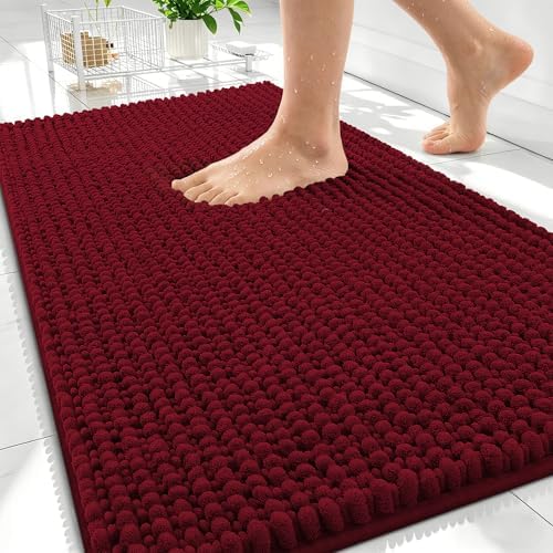 OLANLY Thick Chenille Absorbent Bathroom Rugs Mat 34x21, Burgundy