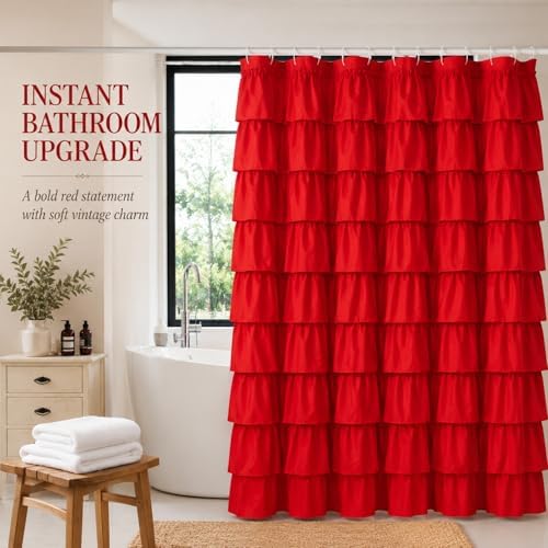 Red Ruffle Shower Curtain for Bathroom, 72x72, Cottagecore Rural Farmhouse
