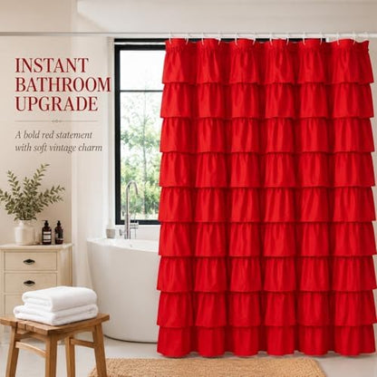 Red Ruffle Shower Curtain for Bathroom, 72x72, Cottagecore Rural Farmhouse