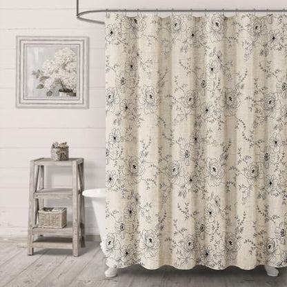 Farmhouse Floral Vintage Shower Curtain for Bathroom, Black Embroidered