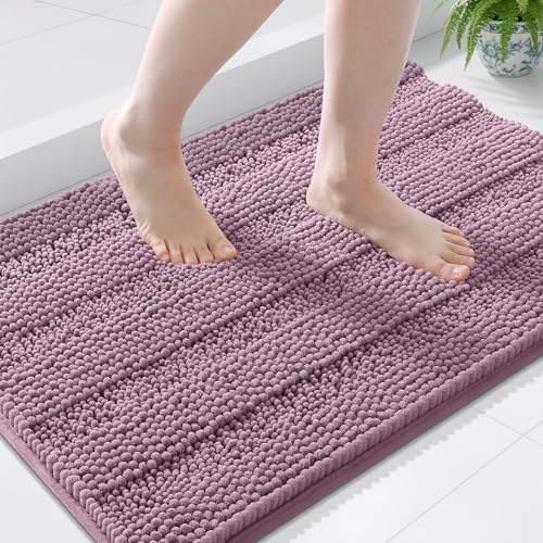 Grandaily Chenille Striped Bathroom Rugs 36x24, Extra Thick and Soft Absorbent Bath Mats, Rubber Backing, Plush Shaggy Shower Carpet, Machine Wash Dry, Bath Rug for Bathroom, Deep Plum