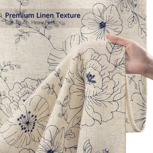 Farmhouse Floral Vintage Shower Curtain for Bathroom, Blue Embroidered