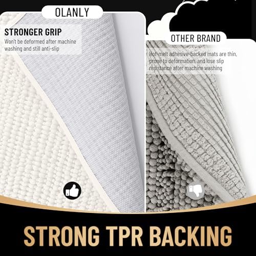 OLANLY Thick Chenille Large Bathroom Rugs 59x35, Absorbent Bath Mat, Ivory