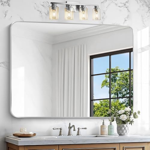 Silver Bathroom Mirror,36x48 inch Wall Mirror for Bathroom Wall Mounted,Rectangle Mirror for Bathroom Over Sink,Modern Frame Round Corner for Living Room,Bedroom Entryway,Horizontal/Vertical
