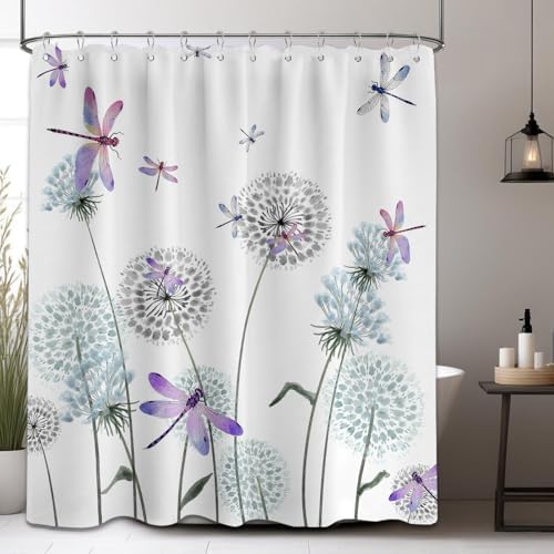 Dandelion Shower Curtain Purple Dragonfly Grey White Shower Curtains for Bathroom Decor, Waterproof Cloth Fabric with Hooks 60" W x 72" L