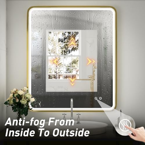 30x36 Inch LED Gold Frame Bathroom Mirror, ETL Listed